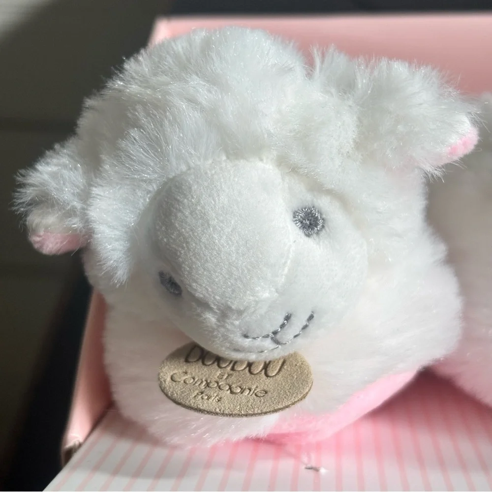 Doudou et Compagnie Paris Baby Lamb Booties Pink Soft Plush Rattle Slippers NEW